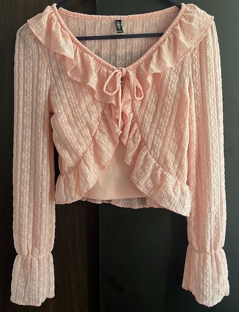 Sheer Lace Ruffle Tie-Front Top