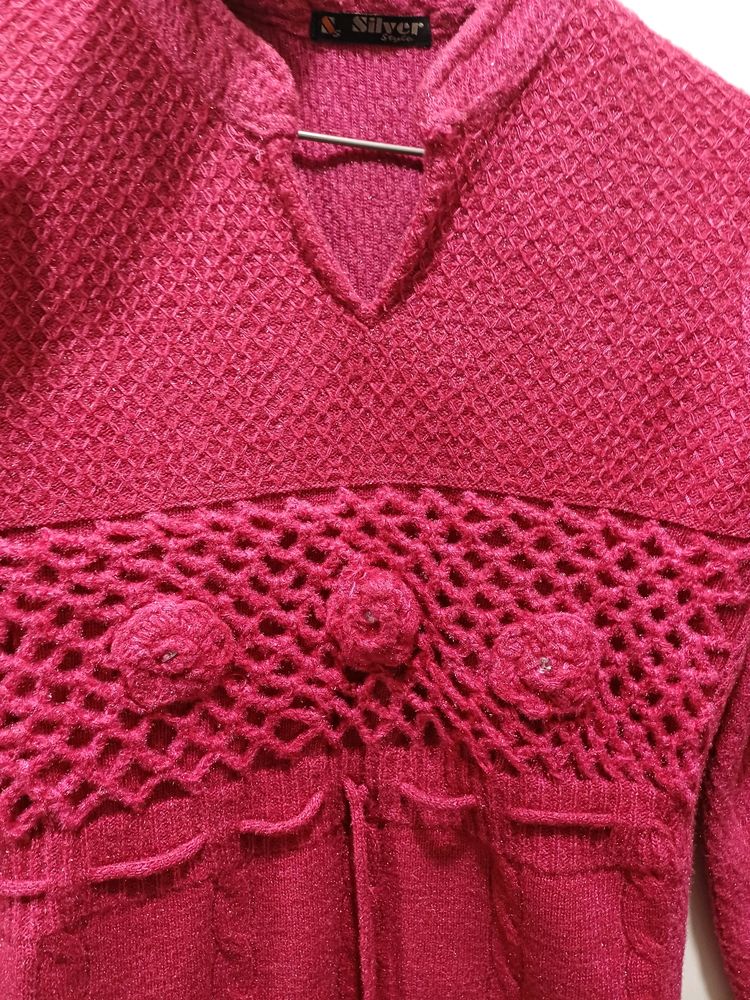 Pink Color Woolen Long Sweater
