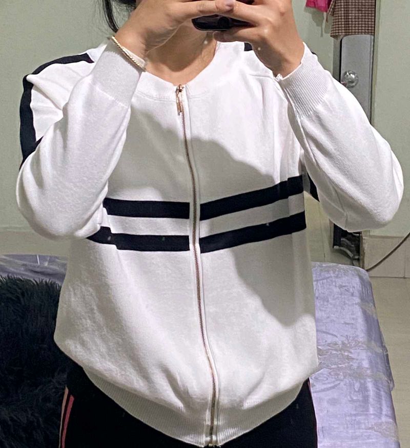 White &amp; Black Striped Zip-Up Sweater