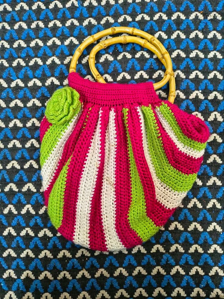 Handmade Crocheted Bag with Bamboo Handles