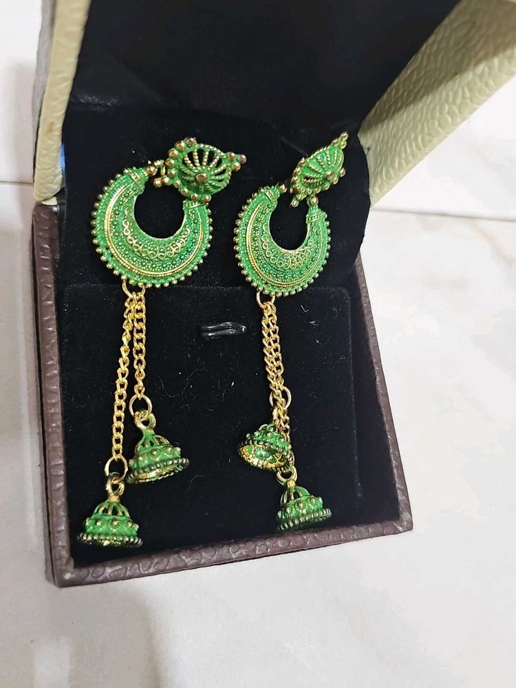Green Ethnic Jhumka Earrings