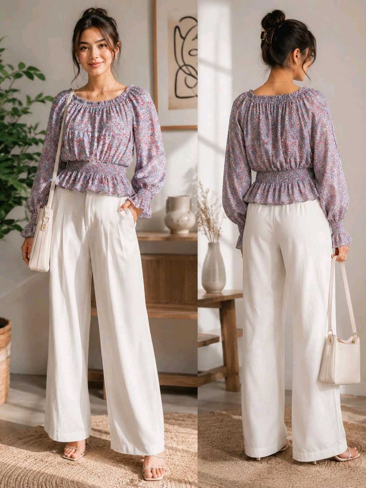 Chic Floral Print Smocked Waist Blouse
