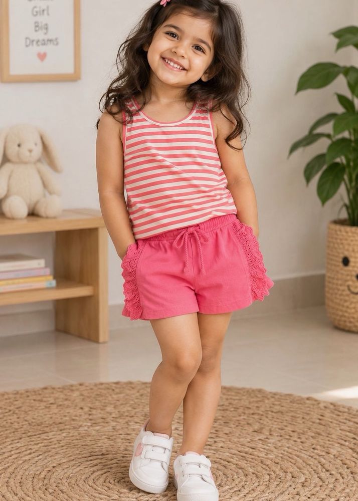 Cute Pink Striped Double Tank Top and Shorts Set
