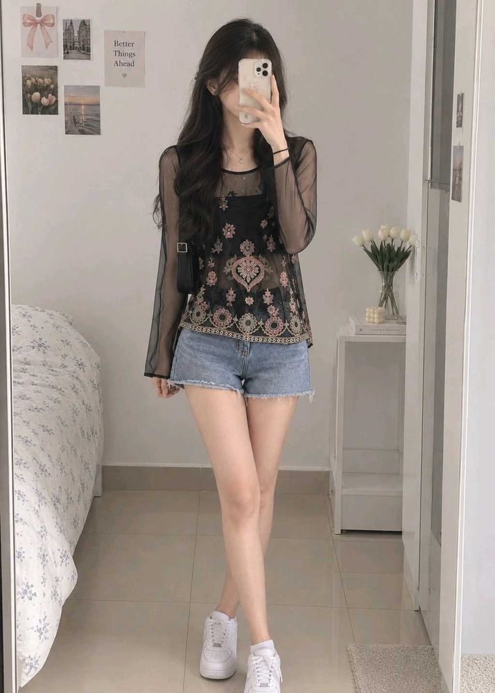Embellished Black Sheer Top