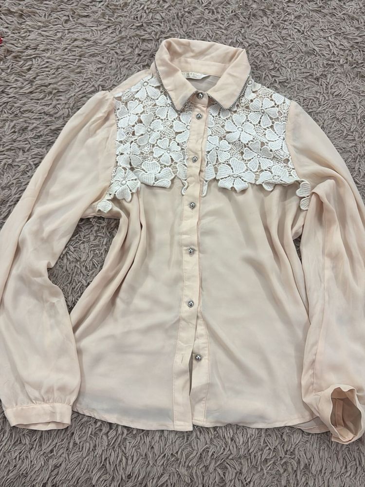 Sheer Lace Detail Button-Up Blouse