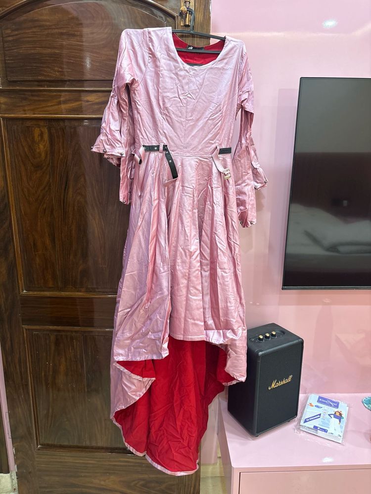 Stunning Pink Hi-Low Dress with Bell Sleeves