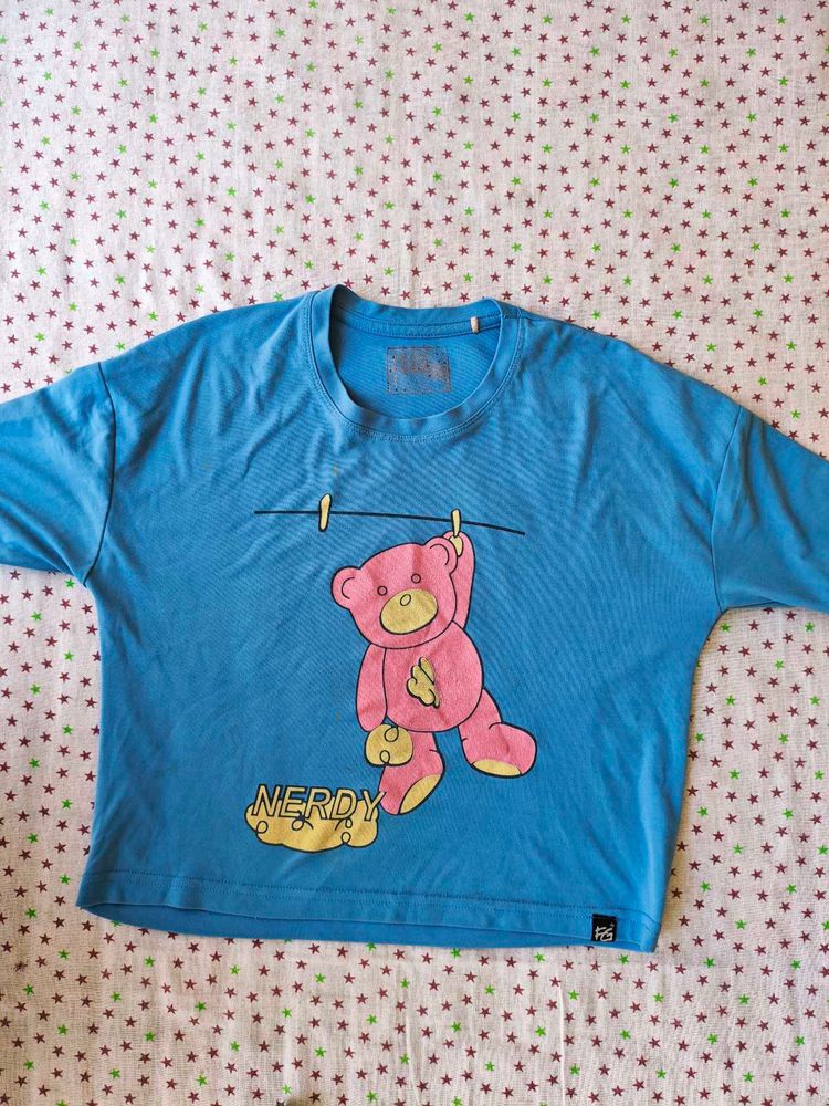 Nerdy Bear Graphic Blue T-Shirt