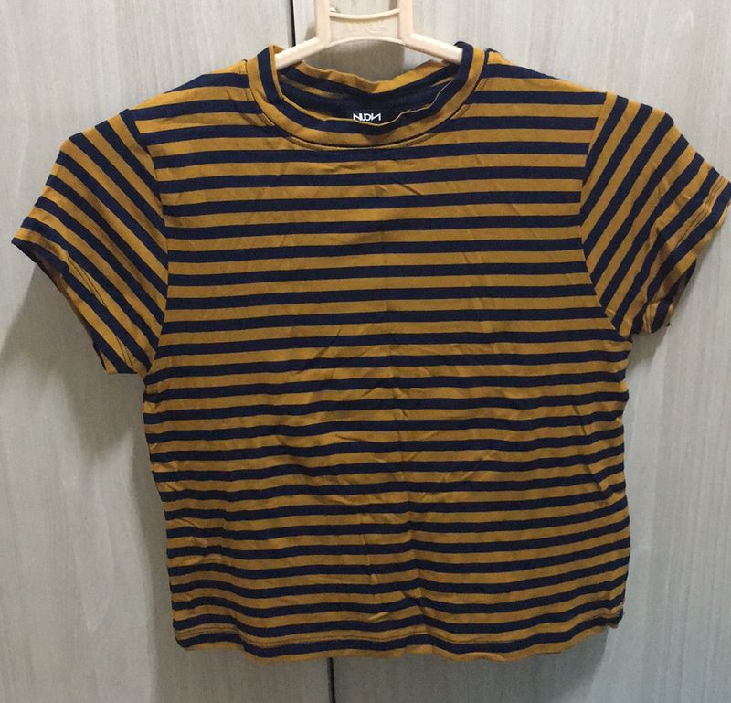 NEW Striped T-Shirt Top Nuon Brand In Mustard Brown and Navy Blue Stripes