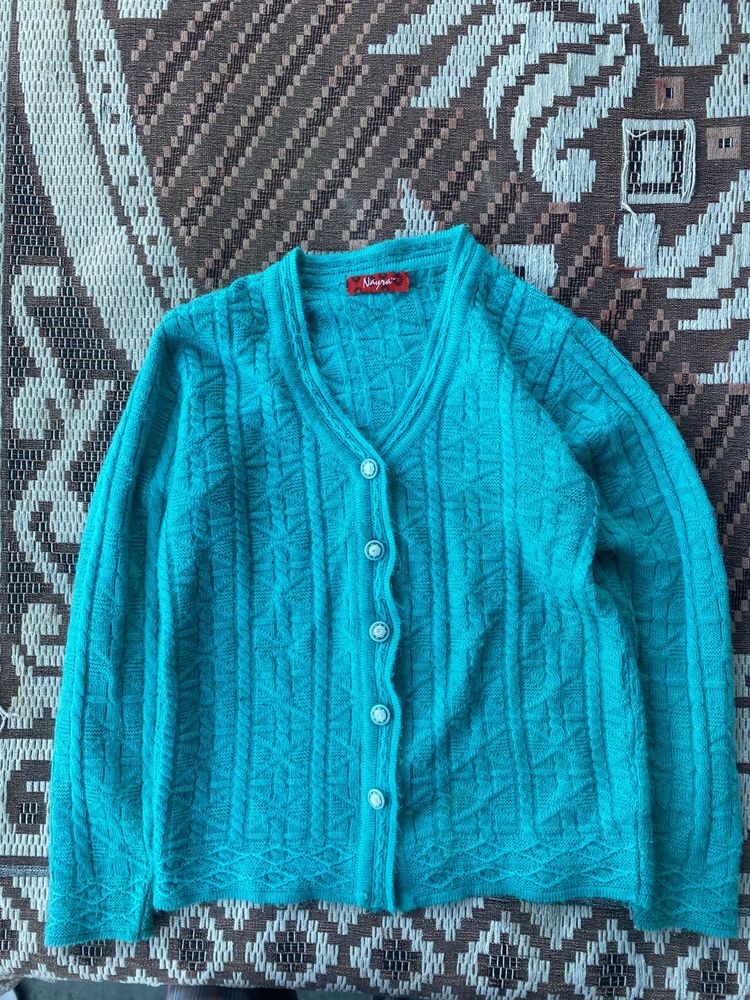 teal green Knit V-Neck Cardigan