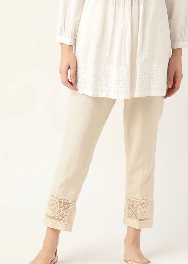 Elegant Cream Palazzo Pants with Lace Detail