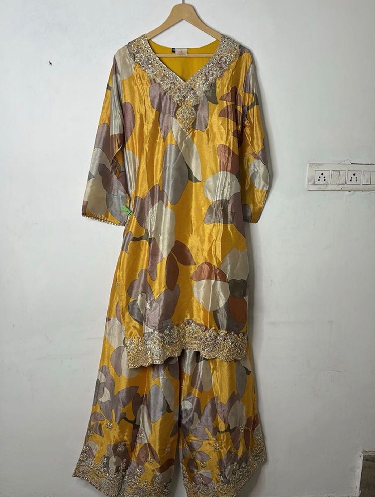 Mustard Yellow Printed 3-Piece Suit with Neckline