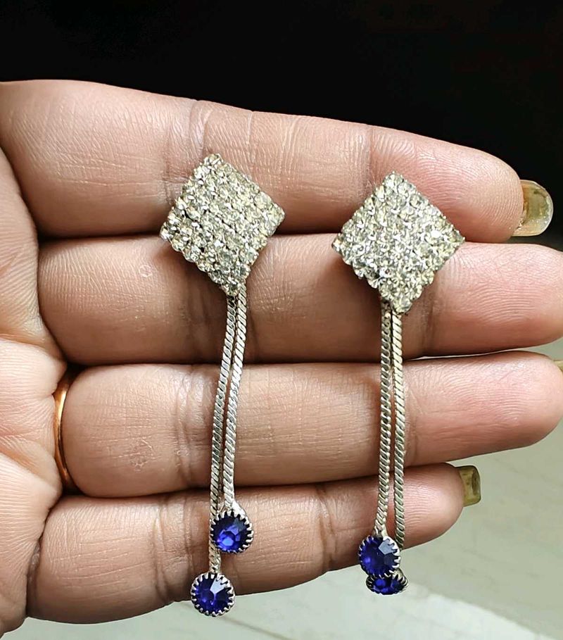 Sparkling Diamond &amp; Blue Stone Drop Earrings