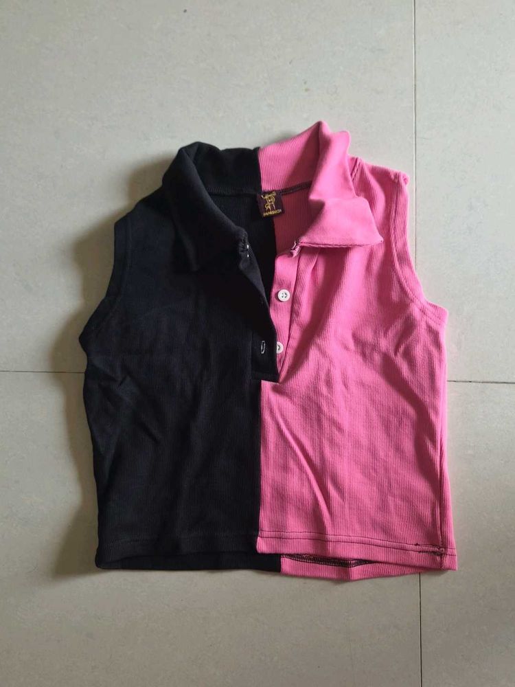 Two-Tone Sleeveless Polo Top