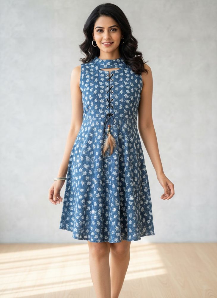 Denim Floral Print Lace-Up Dress