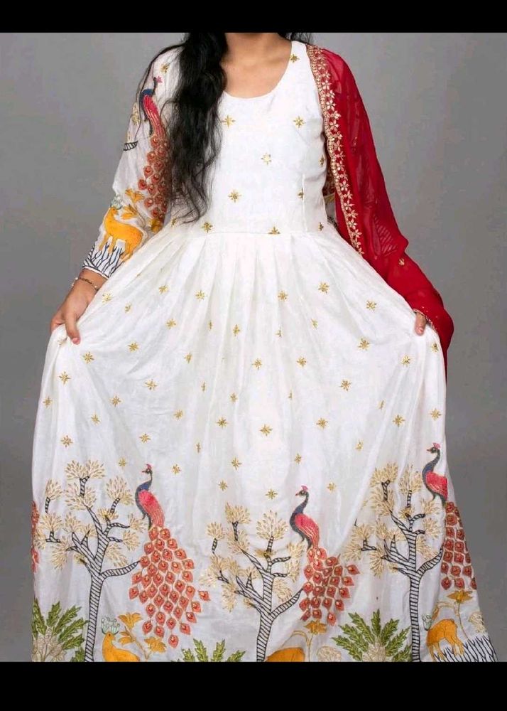 Peacock print anarkali with dupatta and pyjama