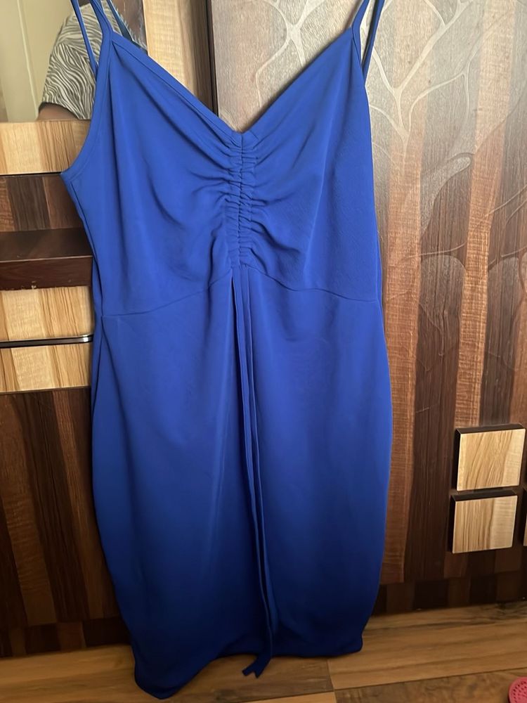 Stunning Blue Ruched Spaghetti Strap Dress