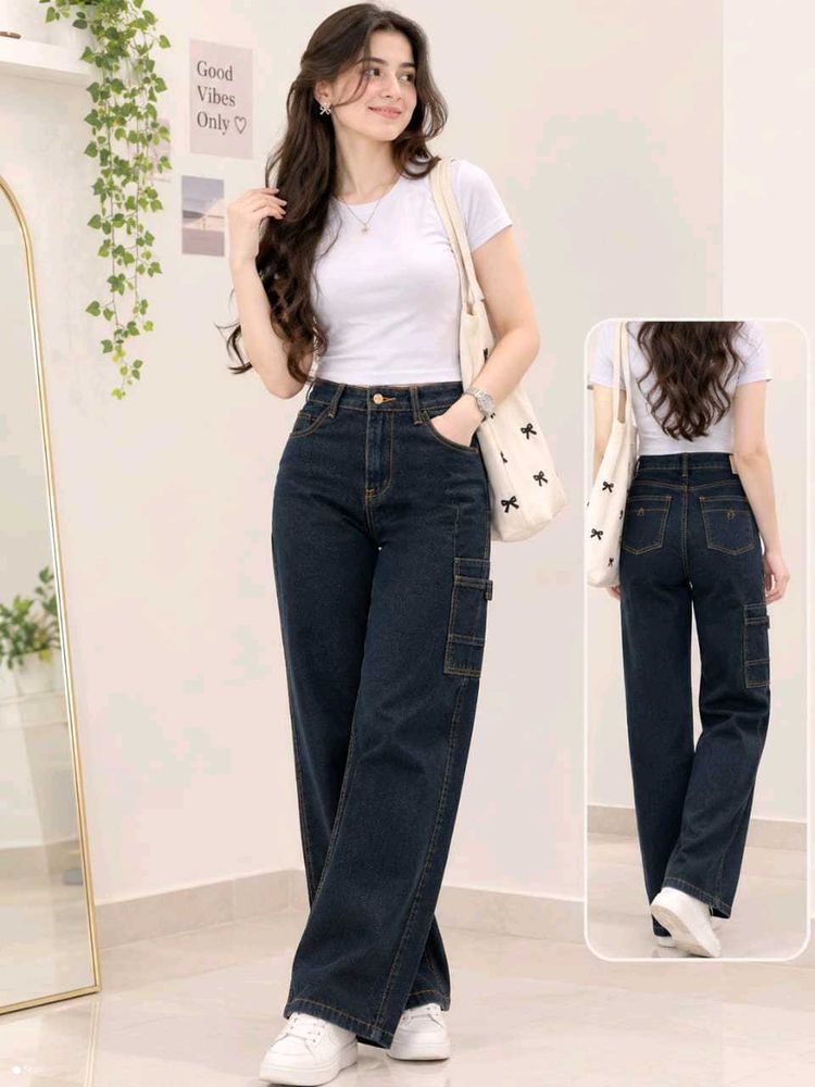 Dark Wash Wide Leg Cargo Jeans