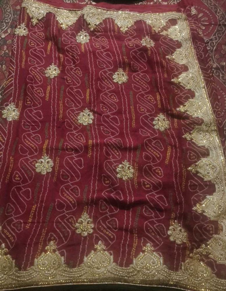Maroon Bandhani Saree with Embellishments