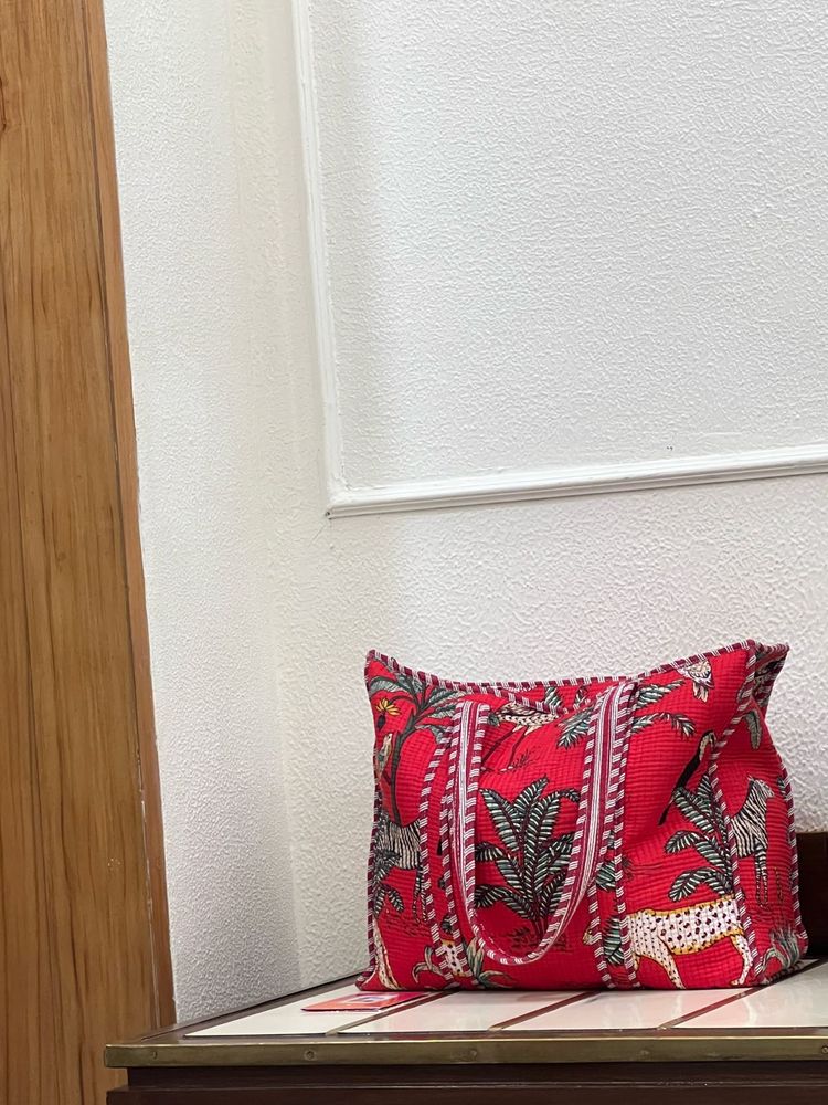 Red Animal Print Tote Bag