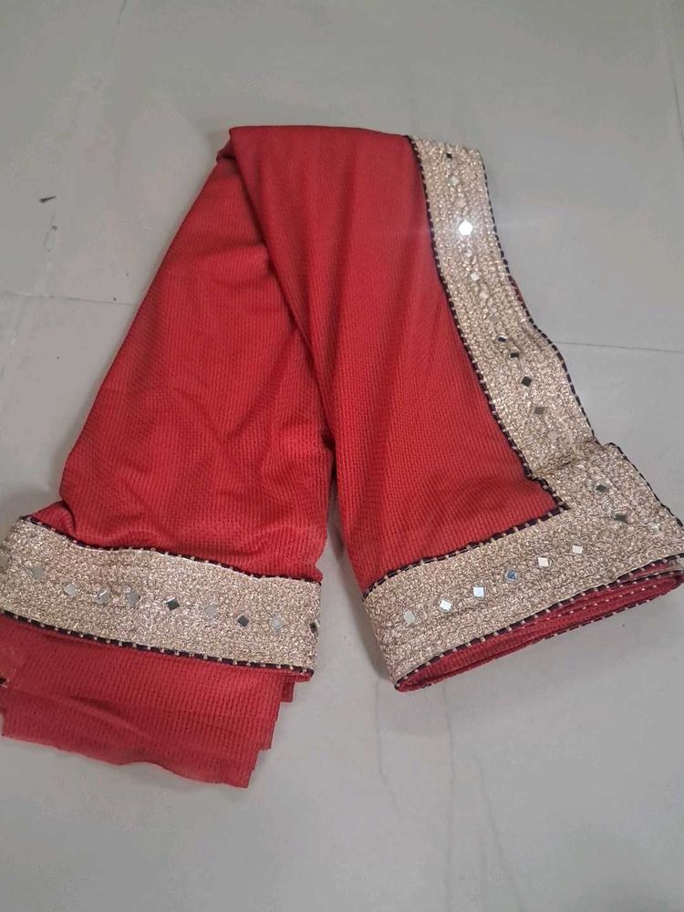 Elegant Red Saree with Mirror Work Border