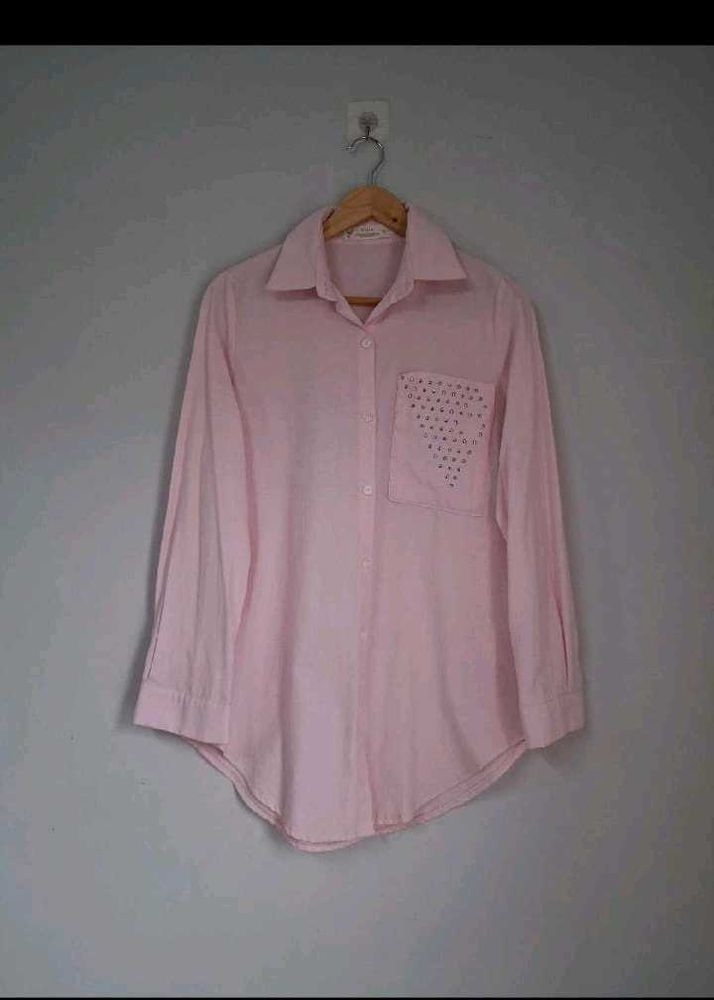 Chic Pink Button-Up Shirt with Embellished Pocket