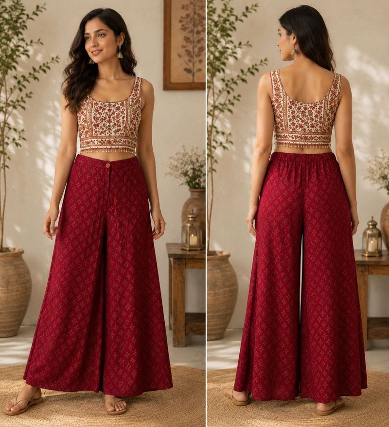 Global Desi Flared Maroon Printed Palazzo Pants