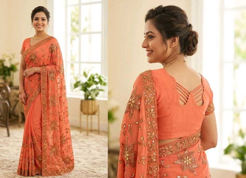 Elegant peach Embroidered Saree