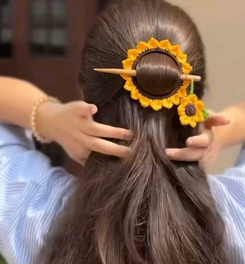 Crocheted Sunflower Hair Stick