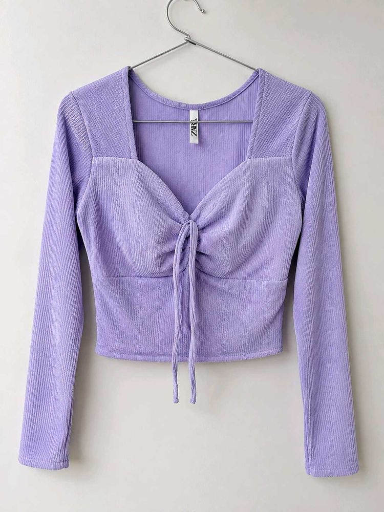 Purple Ribbed Tie-Front Top
