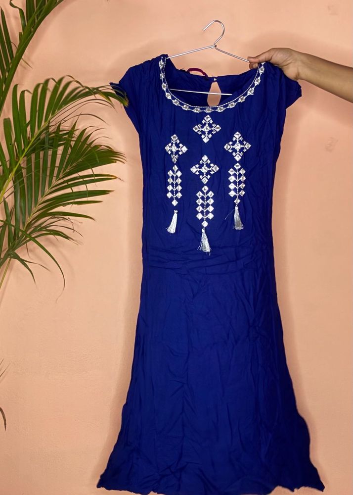 Blue Embroidered Kurta with Tassels