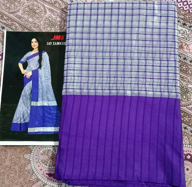Blue &amp; Silver Plaid Saree