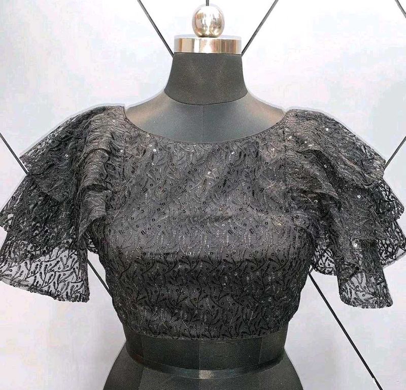 Black Sequined Ruffled Blouse