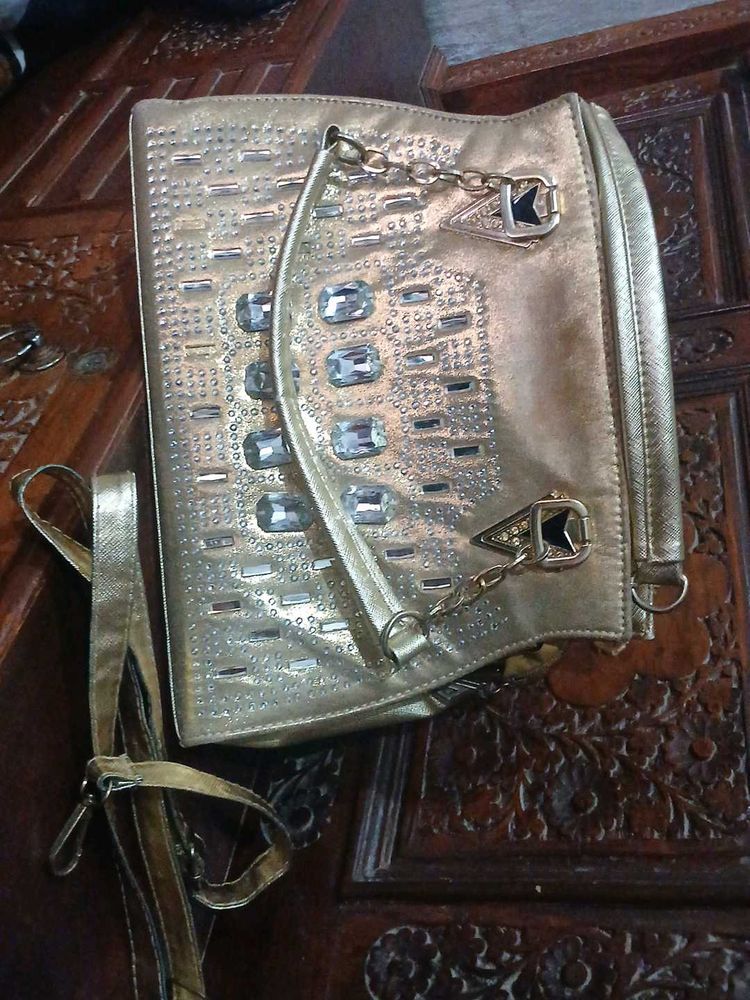 Sparkling Gold Handbag with Rhinestones