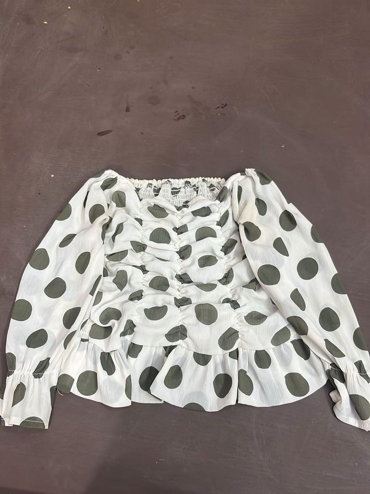 Polka Dot Smocked Ruched Top