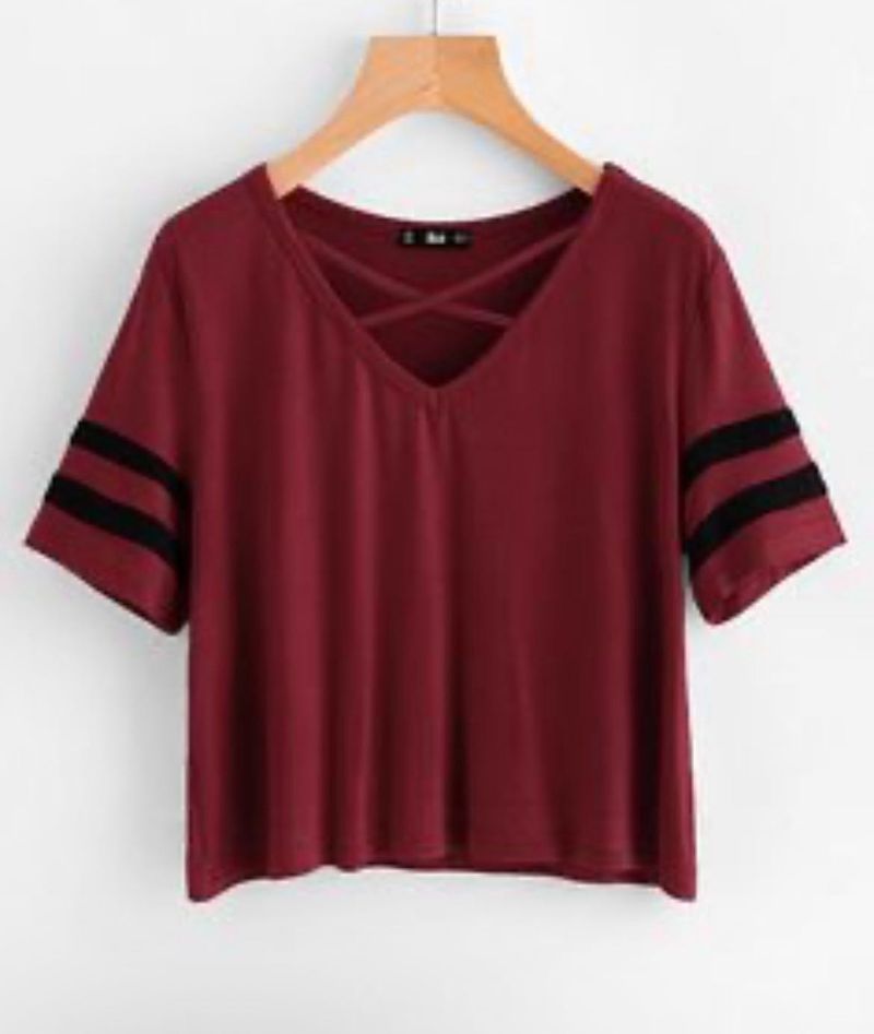 Maroon V-Neck Striped Sleeve Top