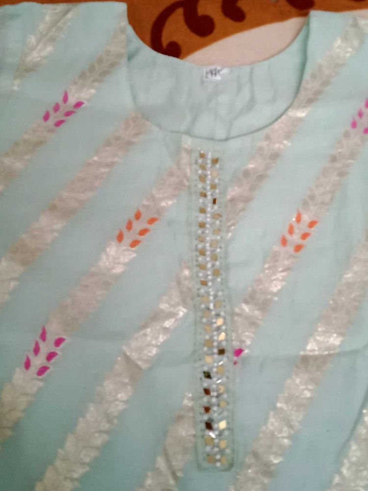 Light Blue Striped Kurta with Embellishments