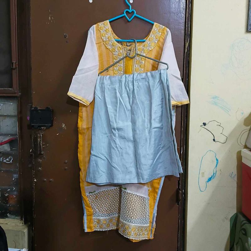 Yellow &amp; White Kurta Set with Palazzo