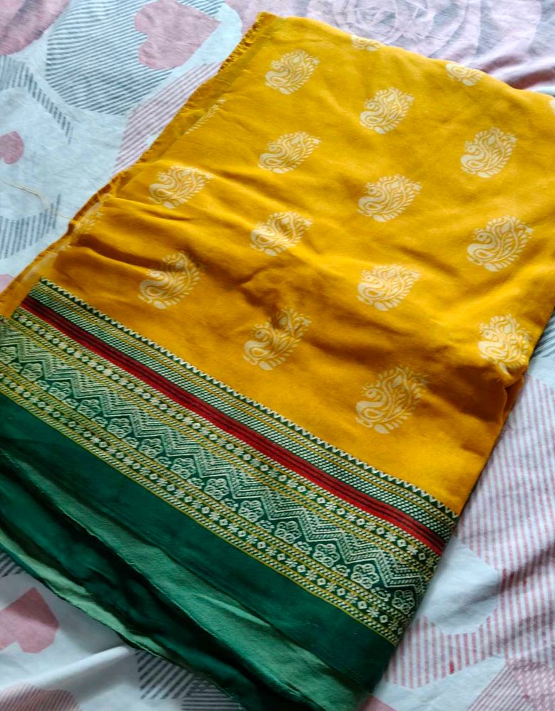 Vibrant Yellow Saree with Green Border