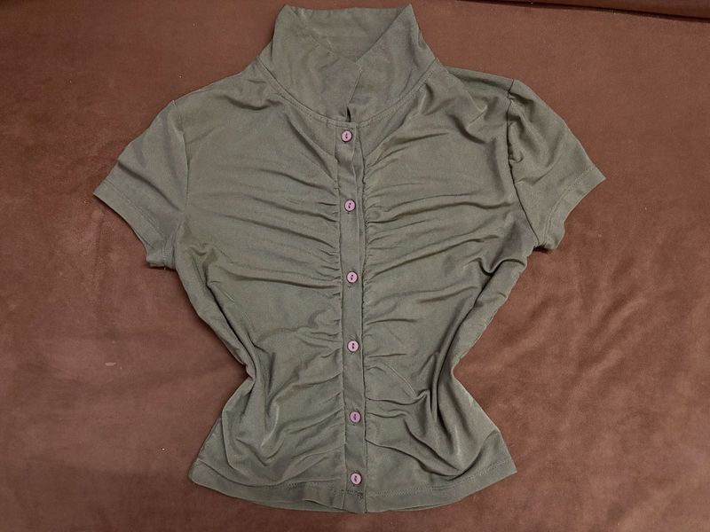 Hunter green Chic Ruched Button-Up Top