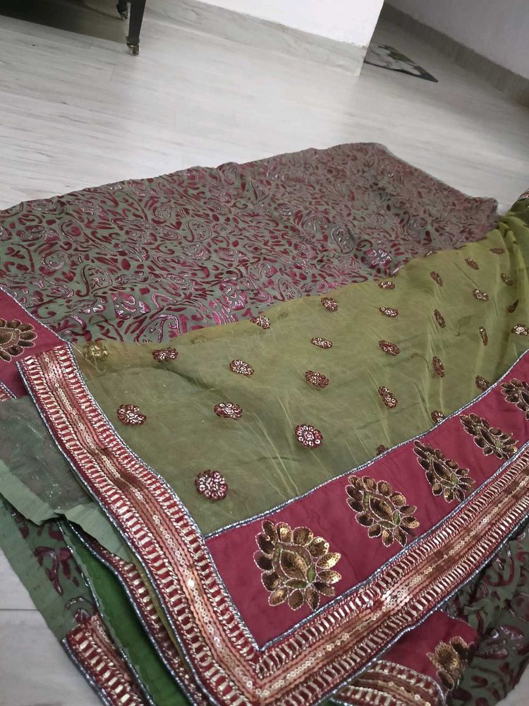 Designer olive green &amp; marron sequins saree