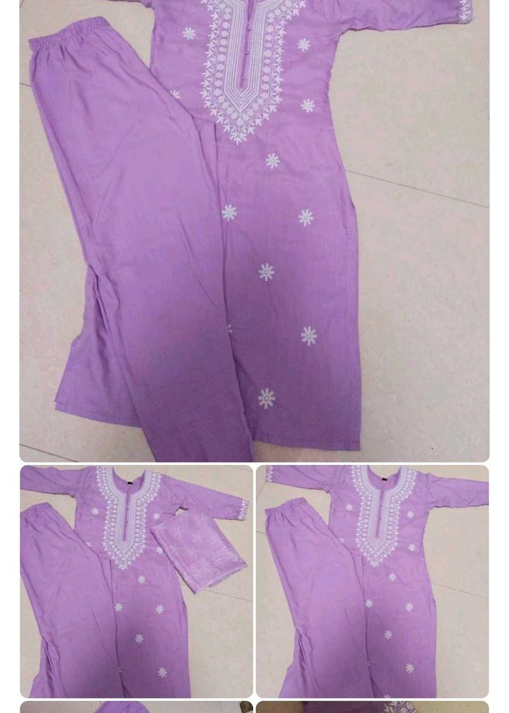 Lavender Kurta Set with White Embroidery