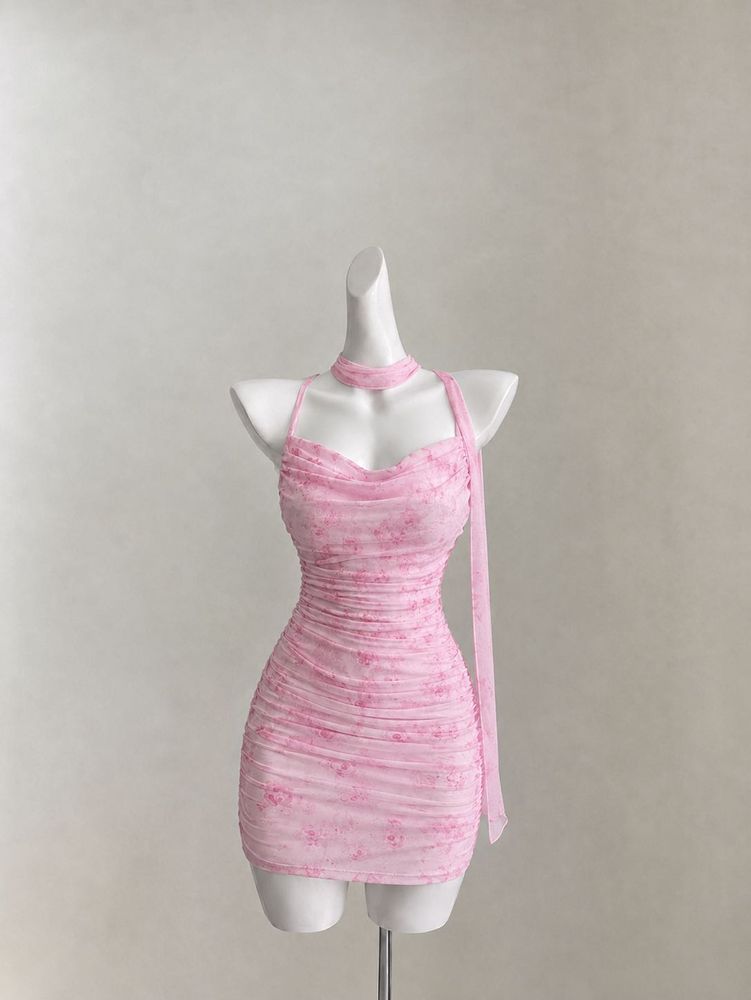 Pink Floral Bodycon mini Dress with sash