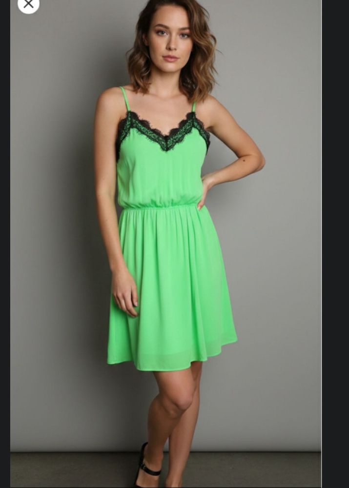 Neon Green Lace Trim Cami Dress