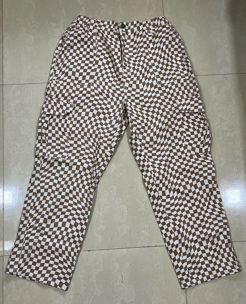 Brown Checkered Denim Baggy Jeans