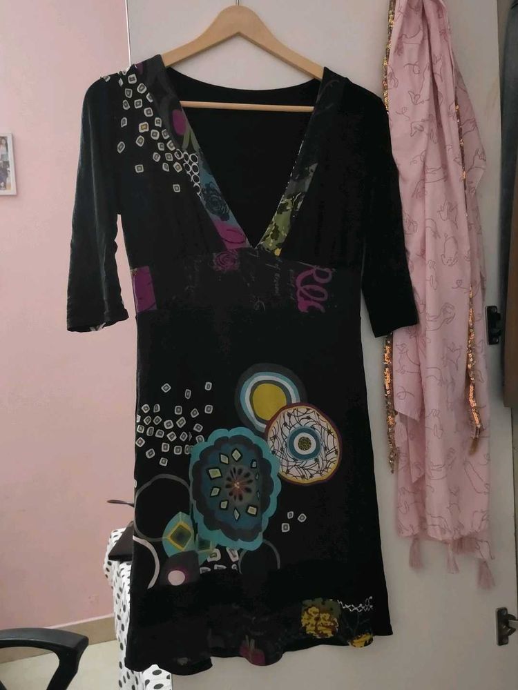 Boho Black Dress with Colorful Print