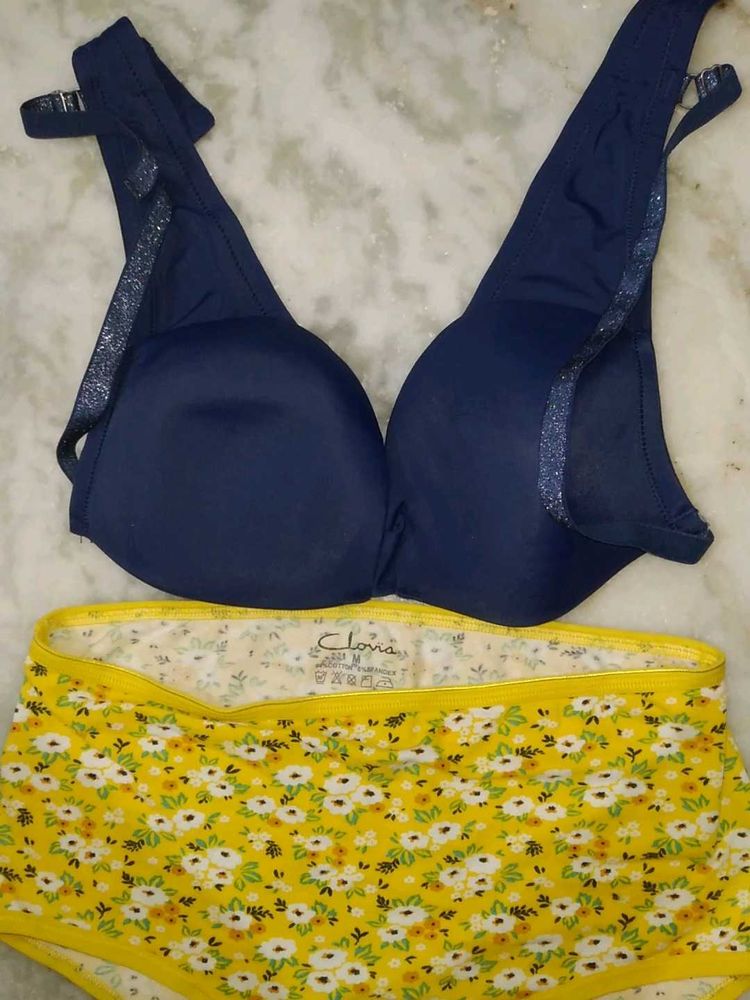 Navy Blue Bra &amp; Floral Panty Set+ Free 2bra pant