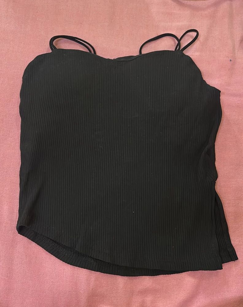 Ribbed Side Slit Black Camisole Top