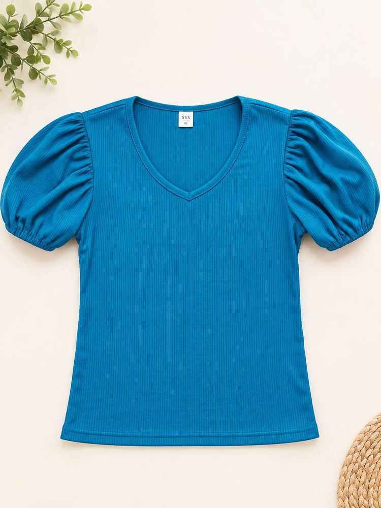 Blue Puff Sleeve V-Neck Top