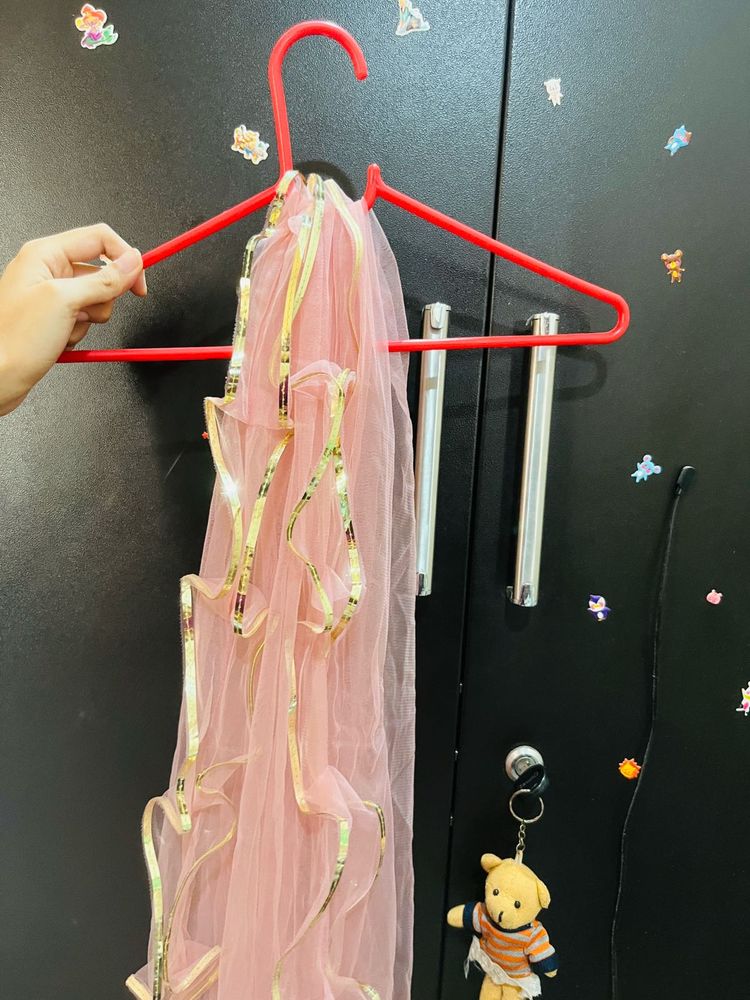 Elegant Pink Net Dupatta with Golden Border