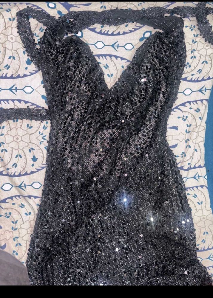 Sparkling Black Sequin Halter Dress